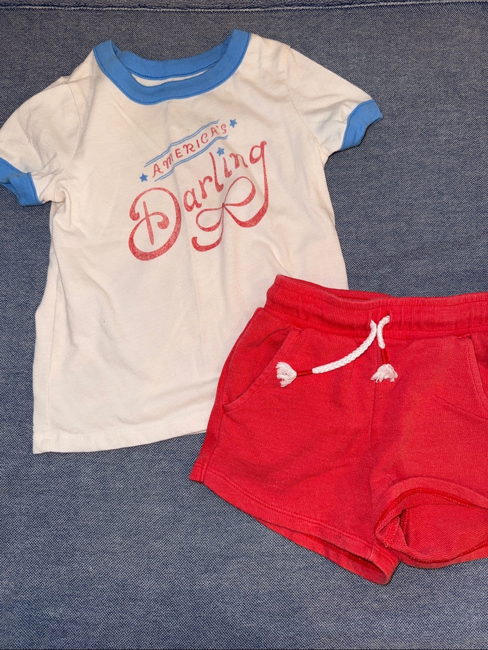 Kids White & Blue 'America's Darling' Tee with Red Shorts Set